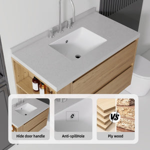 English Elm 36 Inch Floating Bathroom Vanity with Undermount Sink Soft Close Drawer Marble Top Oak Granite White B2775S00332
