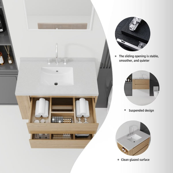 English Elm 36 Inch Floating Bathroom Vanity with Undermount Sink Soft Close Drawer Marble Top Oak Granite White B2775S00332