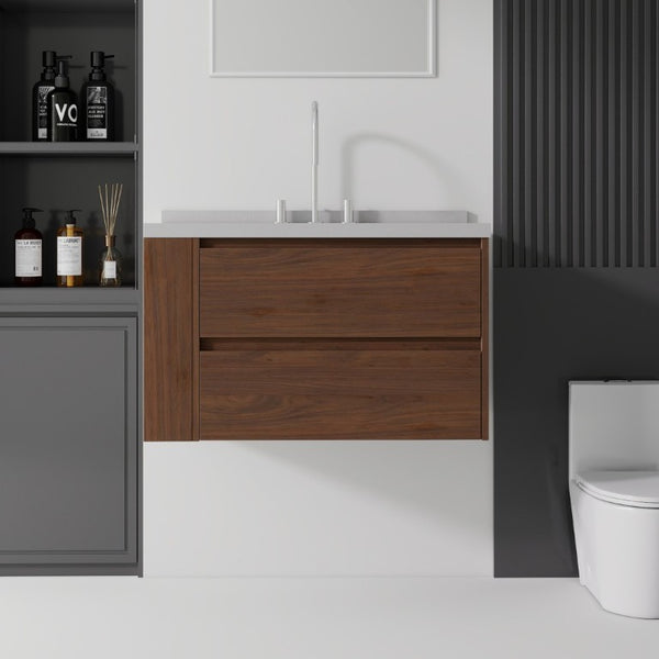 English Elm 36 Inch Floating Bathroom Vanity with Undermount Sink Soft Close Drawer Marble Top Brown Granite White B2775S00333
