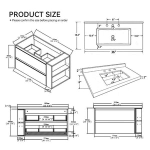 English Elm 36 Inch Floating Bathroom Vanity with Undermount Sink Soft Close Drawer Marble Top Brown Granite White B2775S00333