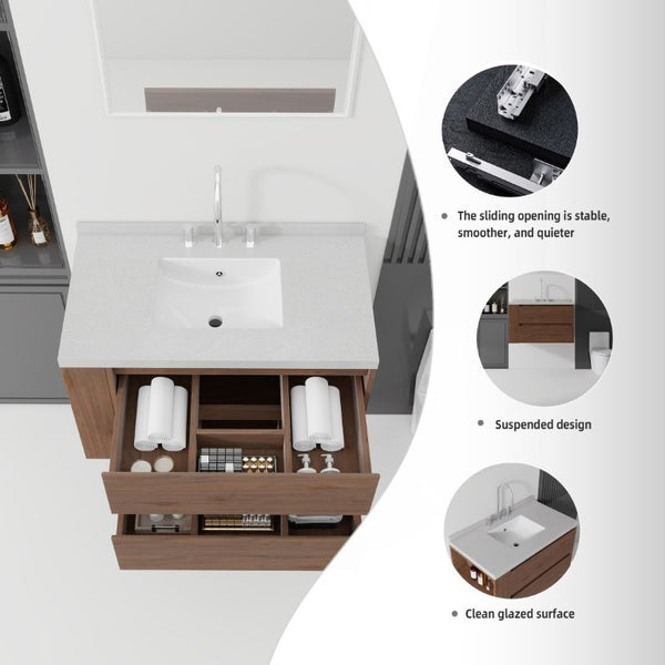 English Elm 36 Inch Floating Bathroom Vanity with Undermount Sink Soft Close Drawer Marble Top Brown Granite White B2775S00333