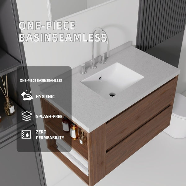 English Elm 36 Inch Floating Bathroom Vanity with Undermount Sink Soft Close Drawer Marble Top Brown Granite White B2775S00333