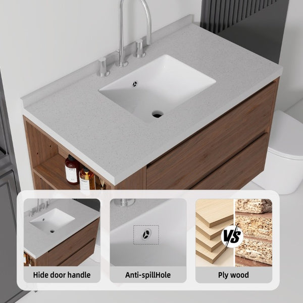 English Elm 36 Inch Floating Bathroom Vanity with Undermount Sink Soft Close Drawer Marble Top Brown Granite White B2775S00333