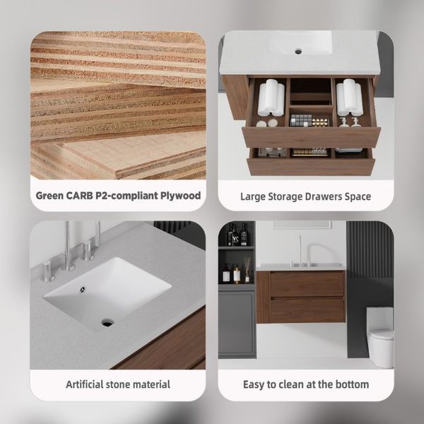 English Elm 36 Inch Floating Bathroom Vanity with Undermount Sink Soft Close Drawer Marble Top Brown Granite White B2775S00333