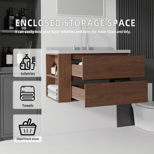 English Elm 36 Inch Floating Bathroom Vanity with Undermount Sink Soft Close Drawer Marble Top Brown Granite White B2775S00333
