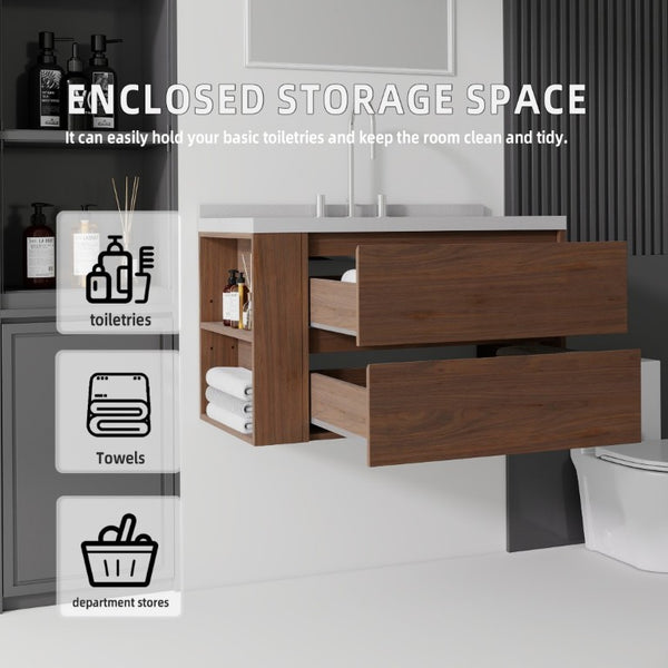English Elm 36 Inch Floating Bathroom Vanity with Undermount Sink Soft Close Drawer Marble Top Brown Granite White B2775S00333