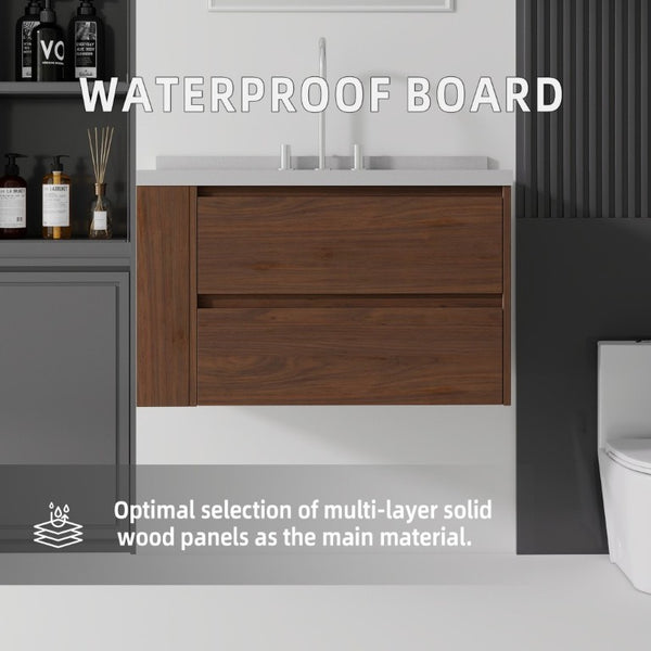 English Elm 36 Inch Floating Bathroom Vanity with Undermount Sink Soft Close Drawer Marble Top Brown Granite White B2775S00333
