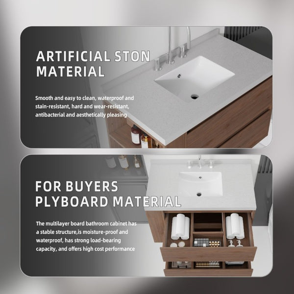 English Elm 36 Inch Floating Bathroom Vanity with Undermount Sink Soft Close Drawer Marble Top Brown Granite White B2775S00333