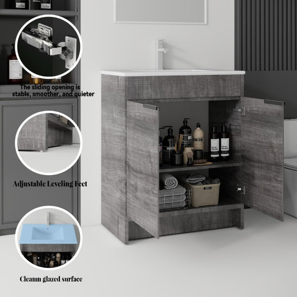 English Elm 36 Inch Freestanding Bathroom Vanity Plywood Cabinet with Ceramic Sink Soft Close Grey B2775S00334