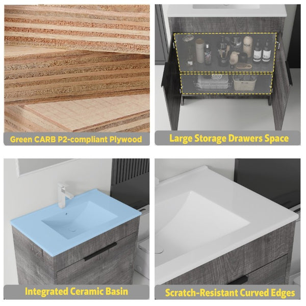 English Elm 36 Inch Freestanding Bathroom Vanity Plywood Cabinet with Ceramic Sink Soft Close Grey B2775S00334