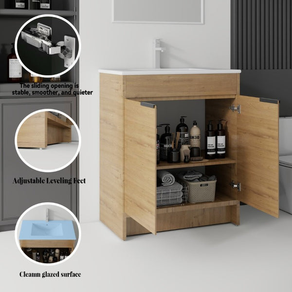 English Elm 36 Inch Freestanding Bathroom Vanity Plywood Cabinet with Ceramic Sink Soft Close Oak B2775S00335