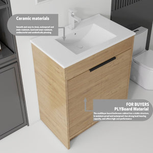 English Elm 36 Inch Freestanding Bathroom Vanity Plywood Cabinet with Ceramic Sink Soft Close Oak B2775S00335