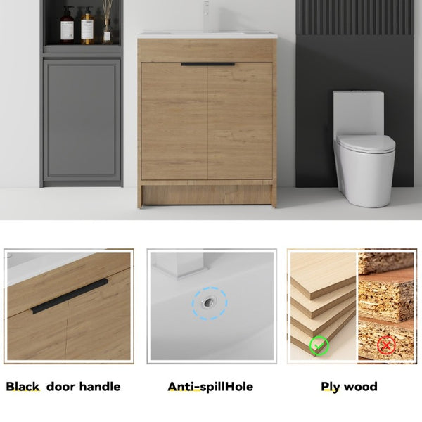 English Elm 36 Inch Freestanding Bathroom Vanity Plywood Cabinet with Ceramic Sink Soft Close Oak B2775S00335