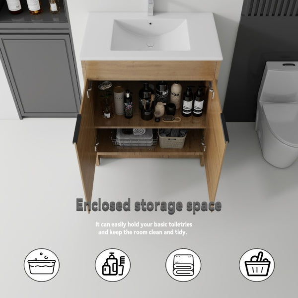 English Elm 36 Inch Freestanding Bathroom Vanity Plywood Cabinet with Ceramic Sink Soft Close Oak B2775S00335