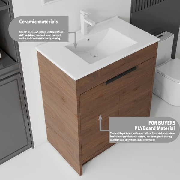 English Elm 36 Inch Freestanding Bathroom Vanity Plywood Cabinet with Ceramic Sink Soft Close Brown B2775S00336