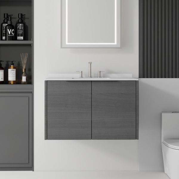 English Elm 36 Inch Floating Bathroom Vanity Carrara Marble Top Undermount Sink Grey Cabinet B2775S00337