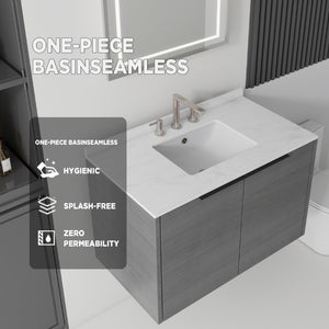 English Elm 36 Inch Floating Bathroom Vanity Carrara Marble Top Undermount Sink Grey Cabinet B2775S00337