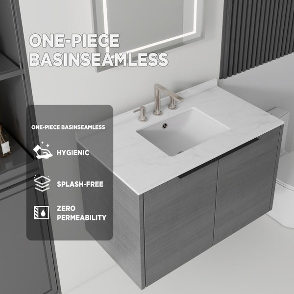 English Elm 36 Inch Floating Bathroom Vanity Carrara Marble Top Undermount Sink Grey Cabinet B2775S00337