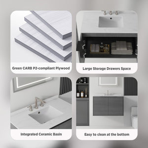 English Elm 36 Inch Floating Bathroom Vanity Carrara Marble Top Undermount Sink Grey Cabinet B2775S00337