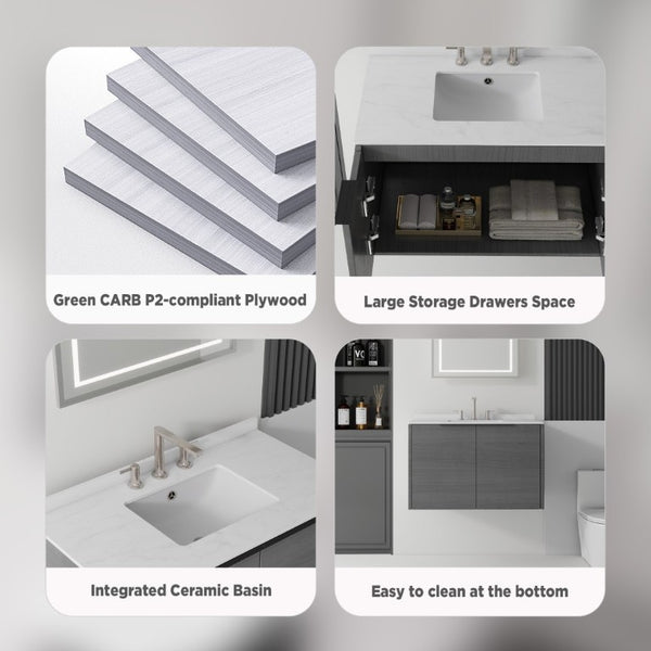 English Elm 36 Inch Floating Bathroom Vanity Carrara Marble Top Undermount Sink Grey Cabinet B2775S00337