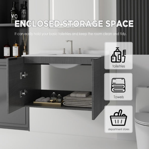 English Elm 36 Inch Floating Bathroom Vanity Carrara Marble Top Undermount Sink Grey Cabinet B2775S00337