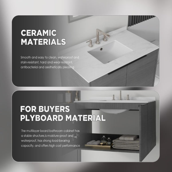 English Elm 36 Inch Floating Bathroom Vanity Carrara Marble Top Undermount Sink Grey Cabinet B2775S00337