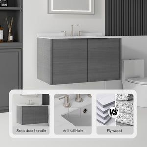 English Elm 36 Inch Floating Bathroom Vanity Carrara Marble Top Undermount Sink Grey Cabinet B2775S00337