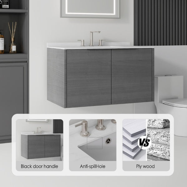 English Elm 36 Inch Floating Bathroom Vanity Carrara Marble Top Undermount Sink Grey Cabinet B2775S00337