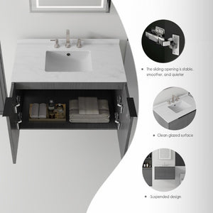 English Elm 36 Inch Floating Bathroom Vanity Carrara Marble Top Undermount Sink Grey Cabinet B2775S00337