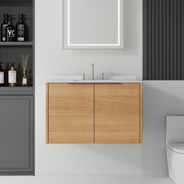 English Elm 36 Inch Wall Mount Bathroom Vanity Plywood Cabinet Cultured Marble Integrated Sink B2775S00338