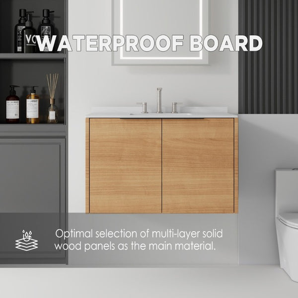 English Elm 36 Inch Wall Mount Bathroom Vanity Plywood Cabinet Cultured Marble Integrated Sink B2775S00338