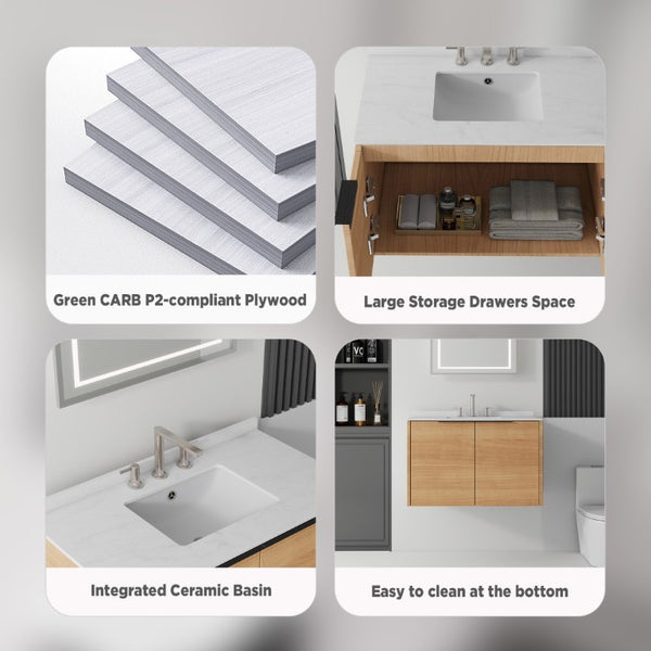 English Elm 36 Inch Wall Mount Bathroom Vanity Plywood Cabinet Cultured Marble Integrated Sink B2775S00338