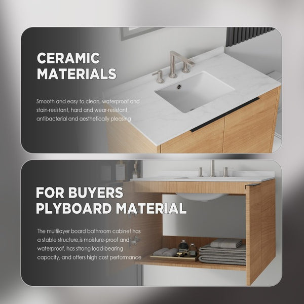 English Elm 36 Inch Wall Mount Bathroom Vanity Plywood Cabinet Cultured Marble Integrated Sink B2775S00338