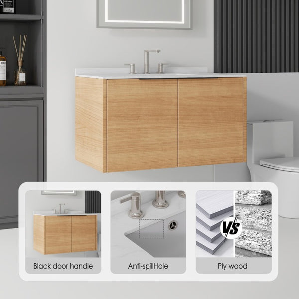 English Elm 36 Inch Wall Mount Bathroom Vanity Plywood Cabinet Cultured Marble Integrated Sink B2775S00338