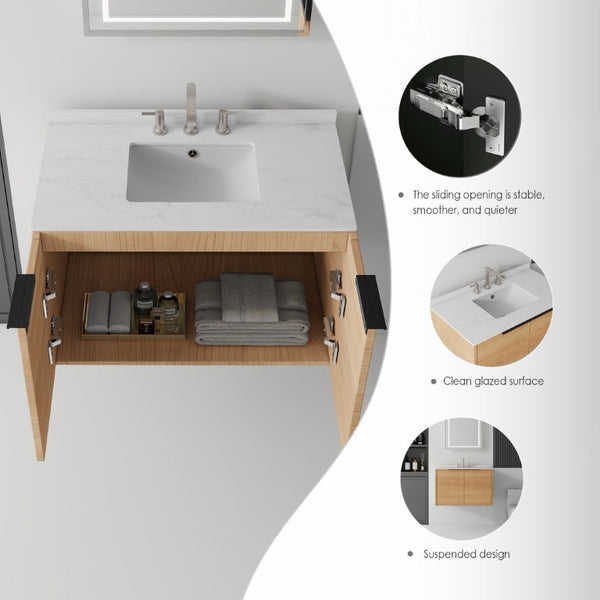 English Elm 36 Inch Wall Mount Bathroom Vanity Plywood Cabinet Cultured Marble Integrated Sink B2775S00338