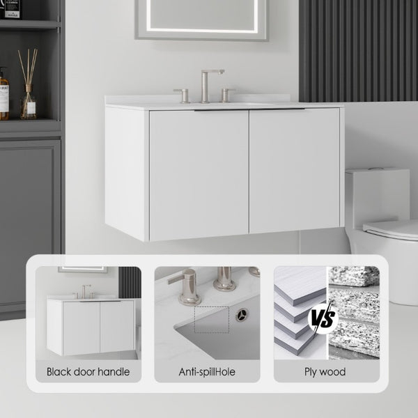 English Elm 36 Inch Floating Bathroom Vanity Cultured Marble Integrated Sink Soft Close Cabinet B2775S00339