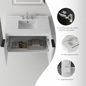 English Elm 36 Inch Floating Bathroom Vanity Cultured Marble Integrated Sink Soft Close Cabinet B2775S00339