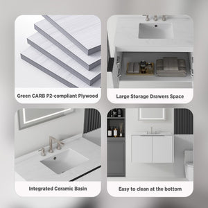English Elm 36 Inch Floating Bathroom Vanity Cultured Marble Integrated Sink Soft Close Cabinet B2775S00339