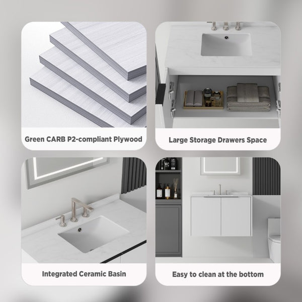 English Elm 36 Inch Floating Bathroom Vanity Cultured Marble Integrated Sink Soft Close Cabinet B2775S00339