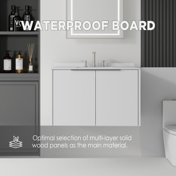 English Elm 36 Inch Floating Bathroom Vanity Cultured Marble Integrated Sink Soft Close Cabinet B2775S00339