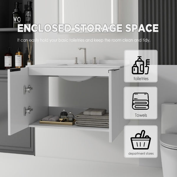English Elm 36 Inch Floating Bathroom Vanity Cultured Marble Integrated Sink Soft Close Cabinet B2775S00339