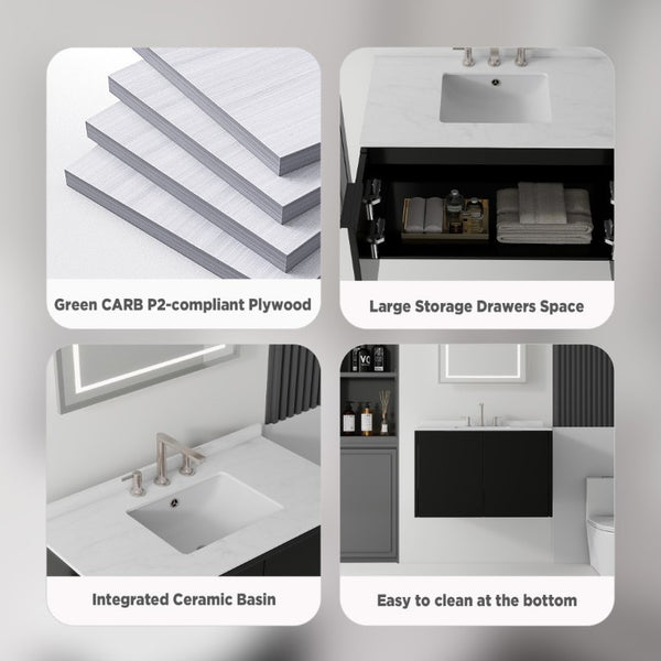 English Elm 36 Inch Wall Mounted Bathroom Vanity Carrara Marble Top Undermount Sink Plywood B2775S00340