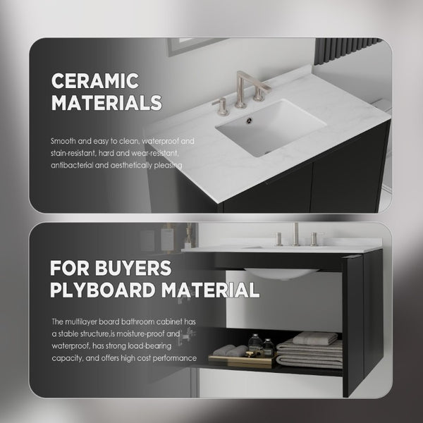 English Elm 36 Inch Wall Mounted Bathroom Vanity Carrara Marble Top Undermount Sink Plywood B2775S00340