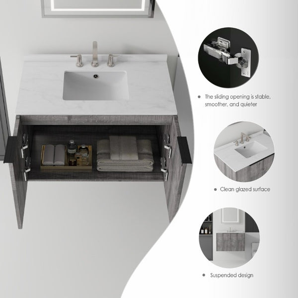 English Elm 36 Inch Floating Bathroom Vanity Cultured Marble Countertop Undermount Sink Grey Cabinet B2775S00341