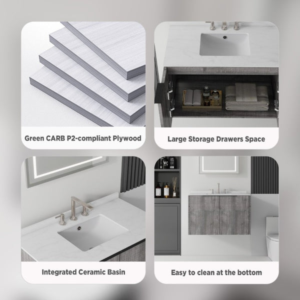 English Elm 36 Inch Floating Bathroom Vanity Cultured Marble Countertop Undermount Sink Grey Cabinet B2775S00341