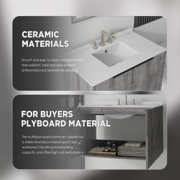 English Elm 36 Inch Floating Bathroom Vanity Cultured Marble Countertop Undermount Sink Grey Cabinet B2775S00341