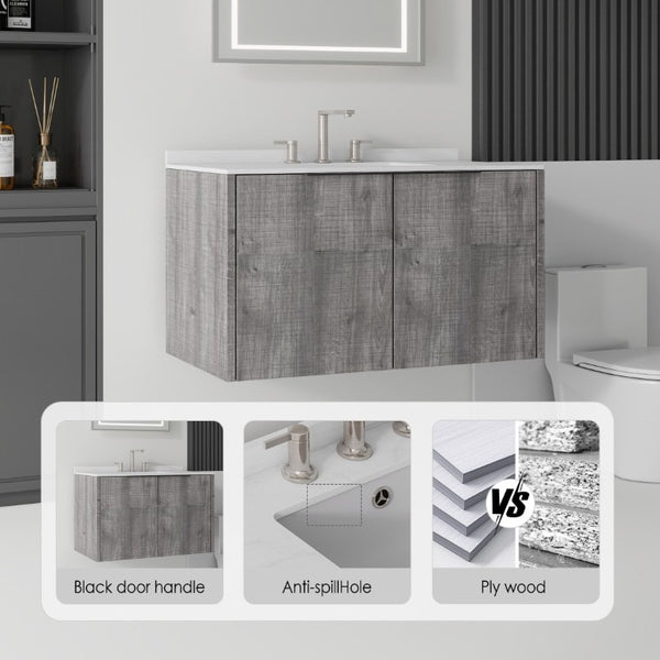 English Elm 36 Inch Floating Bathroom Vanity Cultured Marble Countertop Undermount Sink Grey Cabinet B2775S00341