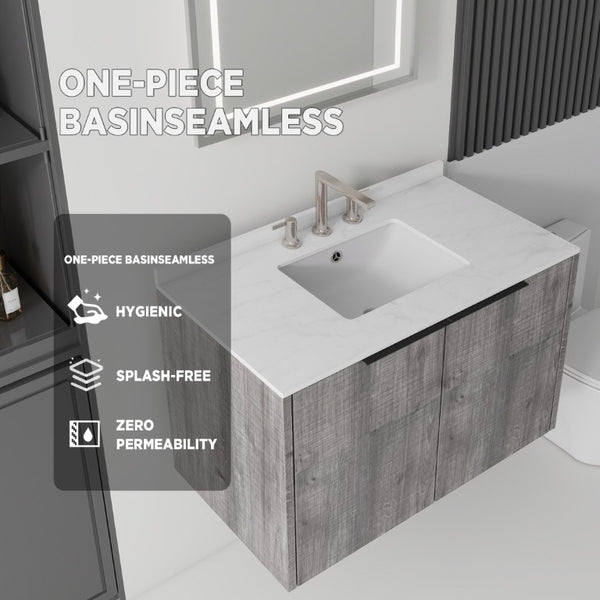 English Elm 36 Inch Floating Bathroom Vanity Cultured Marble Countertop Undermount Sink Grey Cabinet B2775S00341