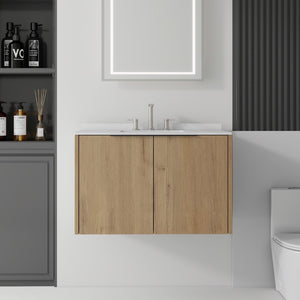 English Elm 36 Inch Wall Mounted Floating Vanity Plywood Cabinet Carrara Marble Integrated Sink B2775S00342