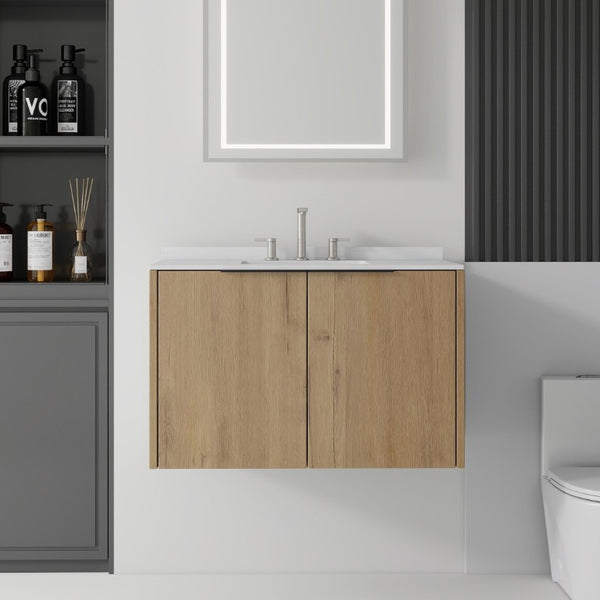 English Elm 36 Inch Wall Mounted Floating Vanity Plywood Cabinet Carrara Marble Integrated Sink B2775S00342